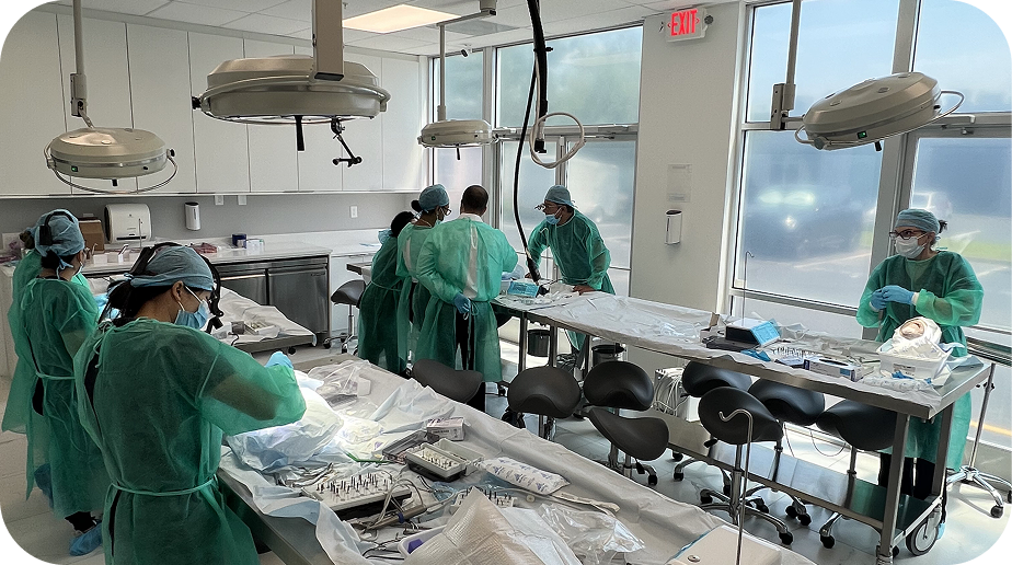 Wide shot of the ADI Cadaver Lab with multiple training stations in session